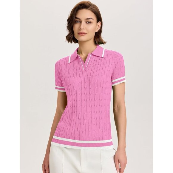 Elegant Women's Summer Cable Knit Sweater - Pink & White Stripe, Size X-Large - Picture 2 of 5